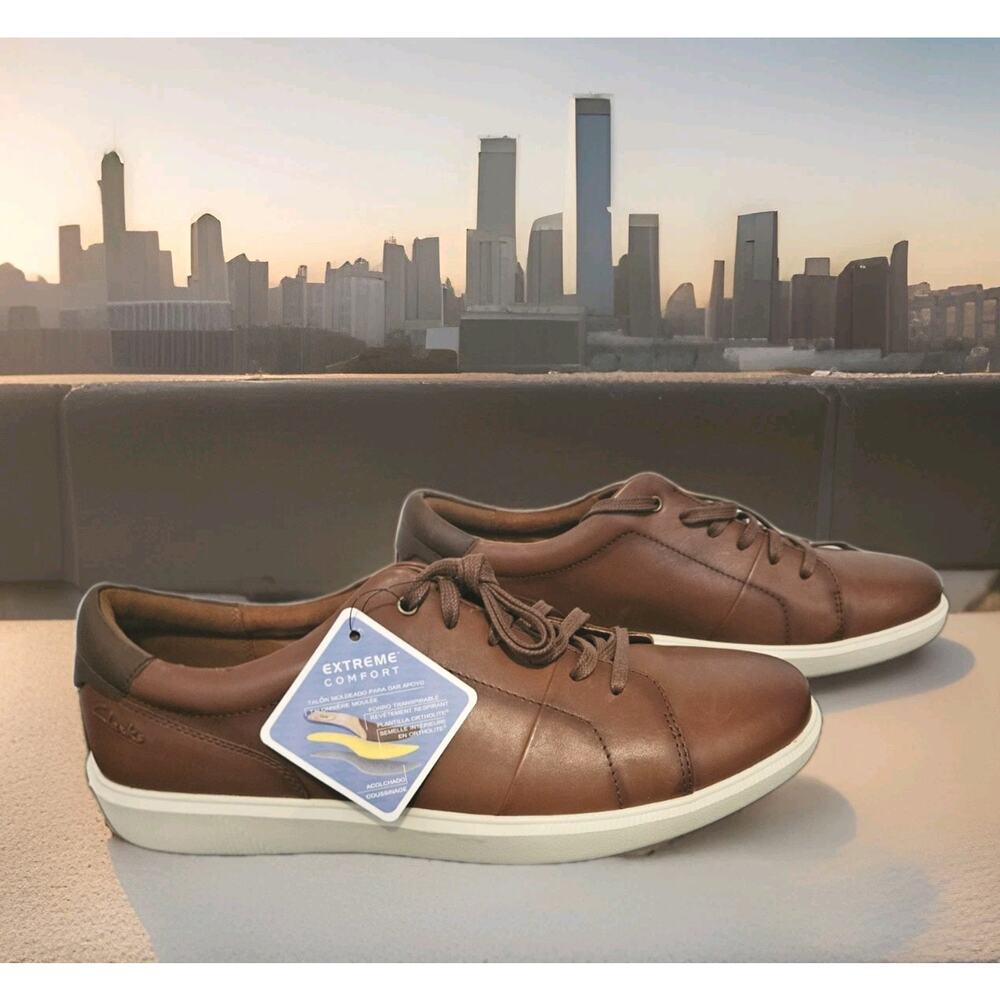 New! Clarks Men's Shoes Brodin Lace Dark Tan Leather In Brown Size 12W wide
